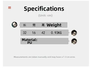 Size chart showing dimensions 32x16x42cm and 0.93KG weight for the PU leather backpack