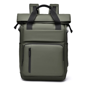 Olive green roll-top business backpack with waterproof matte finish and front pockets