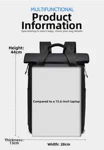 Detailed dimensions of black business backpack showing 44cm height and laptop fit