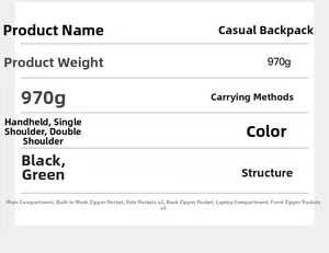 Detailed spec sheet for business backpack showing 970g weight and multi-pocket layout