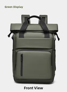 Front view of army green business backpack with roll-top closure and waterproof texture