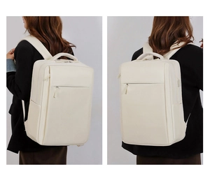 Detailed views of beige business laptop backpack with smooth PU leather texture and straps
