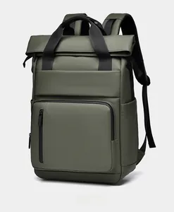 Detail view of the olive green waterproof business backpack with smooth matte texture