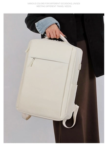 Close-up of minimalist beige backpack with hidden zipper and waterproof material texture
