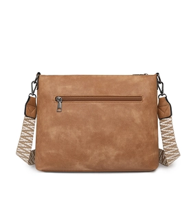 Rear view of vintage brown washed leather crossbody bag with ethnic woven strap
