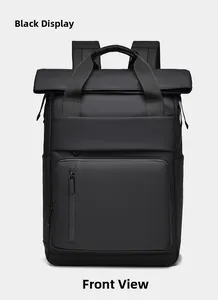 Front view of black waterproof business backpack with large zipper pocket and sleek texture