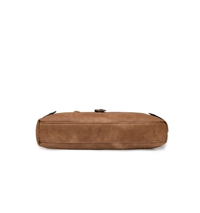 Detailed bottom view of brown washed leather shoulder bag with precision stitching