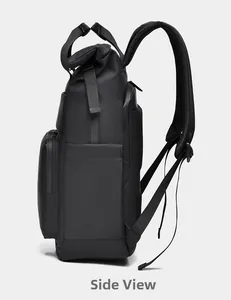 Side view of black business backpack showing water-resistant fabric and side pocket
