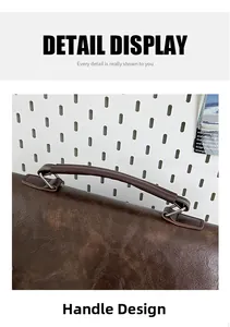 Detail of dark brown PU leather bag handle with sturdy metal ring attachment