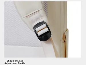 Close-up of adjustable strap buckle on a minimalist cream white business laptop backpack