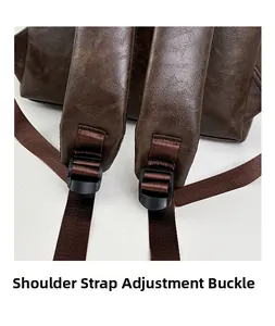 Detail showing the adjustable buckle and nylon strap on a brown PU leather backpack