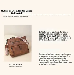 Detail view of vintage brown washed leather bag featuring multi-pocket design and fringe