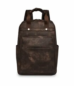 Front view of brown vintage PU leather backpack with sturdy handles and metal rivets