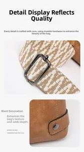 Detail of woven fabric strap and brown textured leather with vintage rivet studs