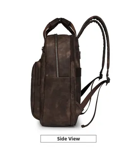 Vista laterale dello zaino in PU marrone scuro con due scomparti e tasche laterali
