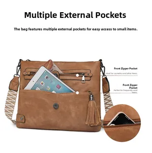 Detail view of brown washed leather crossbody bag with multiple zippers and tassel