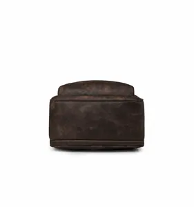 Detailed bottom view of vintage brown PU leather backpack with reinforced stitching