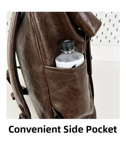 Detail view of the deep brown leather backpack side pocket holding a water bottle