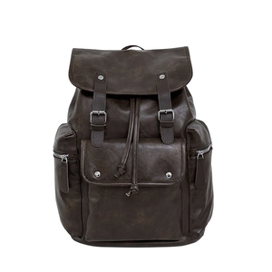 Vintage PU Leather Backpack For Men Women Retro School Bag Large Capacity Drawstring Flap Casual Travel Daypack Commuting
