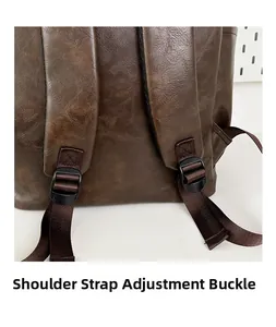 Adjustable shoulder strap buckle detail of a brown PU leather vintage travel backpack