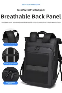 Detail of travel backpack featuring honeycomb breathable straps and luggage trolley strap