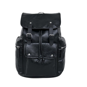 Fashionable black PU leather backpack with vintage buckles and drawstring for daily travel