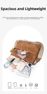 Brown vintage washed leather shoulder bag showing large capacity with multi-layer pockets