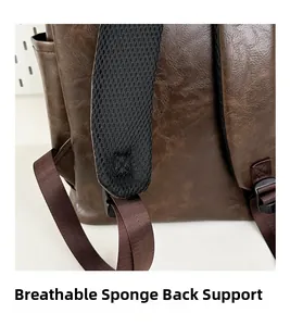 Detail of breathable sponge carrying system on brown faux leather backpack straps