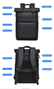 Close-up of waterproof business backpack showing breathable straps and luggage strap detail