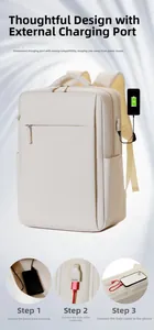Detail of minimalist business laptop backpack showing integrated USB charging port connection
