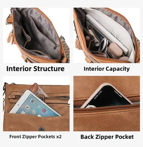 Detail view of large capacity washed leather shoulder bag with multiple zipper compartments