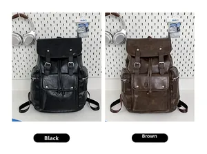Detail view of retro PU leather backpacks in black and brown with metal buckles