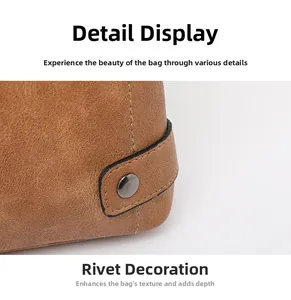 Detail view of brown washed leather texture with visible stitching and metal rivet stud