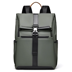 Deep olive green minimalist business backpack with waterproof fabric and orange top handle