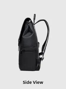 Side view of black matte business backpack with reinforced shoulder straps and side pocket