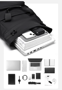 Internal storage layout of a large business laptop backpack with various tech items