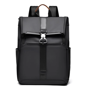 Minimalist black business backpack with waterproof matte finish and silver metal buckle