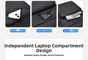 Detail of business backpack featuring dedicated laptop compartment and multiple zipper pockets