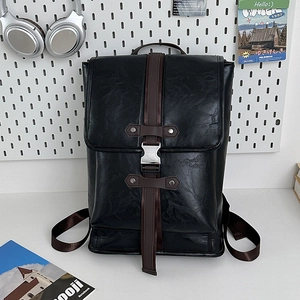 Minimalist black PU leather backpack with flip-top cover and silver metal buckles