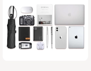 Minimalist business backpack organized with laptop tablet and travel accessories