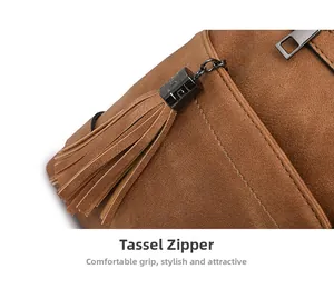 Detail of brown washed leather bag featuring stylish fringe tassel and gunmetal zipper