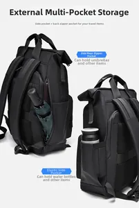 Detailed view of elastic side pocket and hidden rear zipper on waterproof black backpack