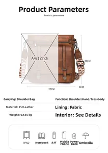 Detailed chart showing brown PU leather crossbody bag dimensions and large storage capacity