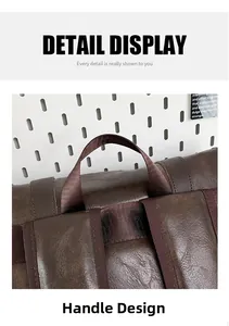 Detailed close-up of retro brown backpack with reinforced top handle and neat stitching