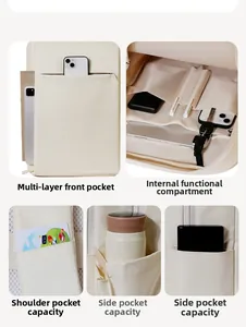 Detail view of the multi-layer storage compartments and functional pockets in the beige backpack