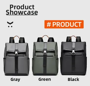 Business travel backpack shown in grey, green, and black with waterproof matte finish