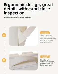 Detail of reinforced triangle stitching and padded comfort handle on the beige backpack