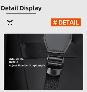 Close-up of adjustable buckle and strap detail on a black business backpack
