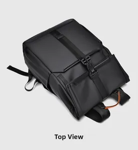 Top view of black waterproof business backpack with buckle closure and orange detail
