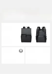 Detail of waterproof black men's laptop backpack with luggage strap for business travel